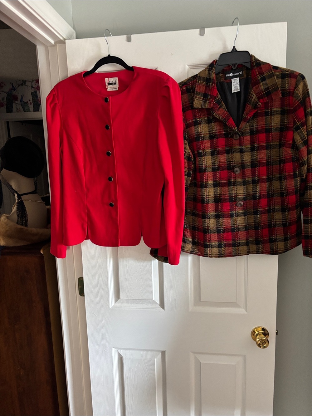 Classic Red Women's Jacket - Vintage-Inspired Button Front Bonus Plaid Jacket